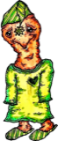 Green outfit long headed creature, a drawing by twikoi