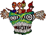 Colorful winged monster face, a drawing by twikoi