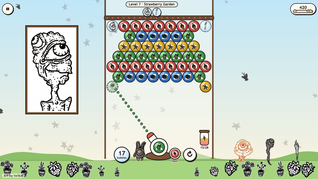 Bubble Pop: the Strawberry Garden, a dotted aim line from the launcher to the bubbles, with two of her creatures trapped in glass bubbles at the top