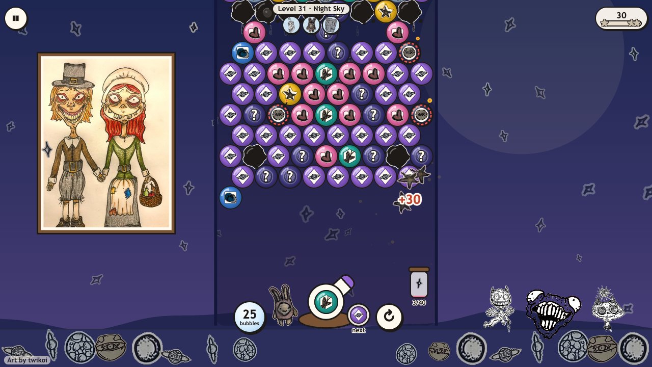 Bubble Pop: the Night Sky, bubbles popping into her ink stars, with night bubbles showing question marks and bombs
