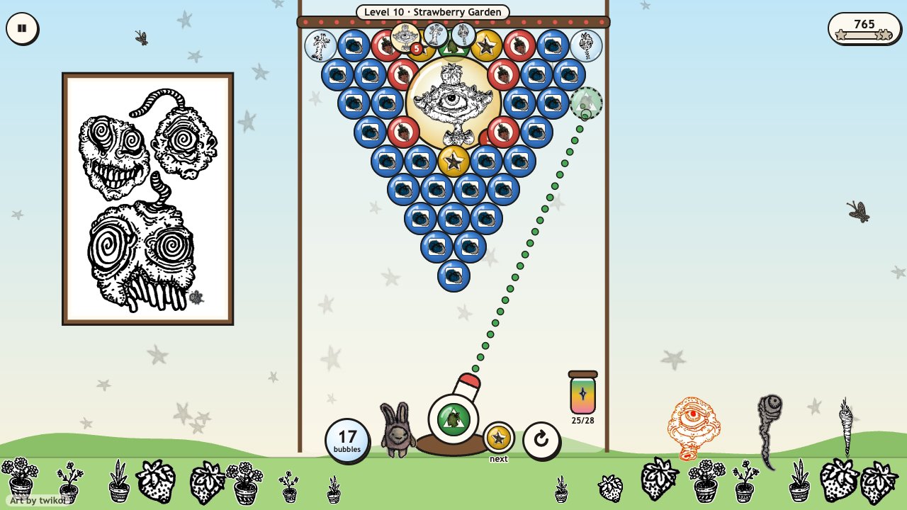 Bubble Pop: Strawclops in a big golden bubble at the top of the board, with a hits-left badge