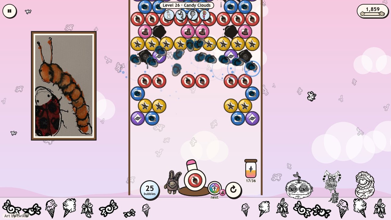 Bubble Pop: Candy Clouds, blueberry bubbles bursting while a rainbow star waits in the launcher