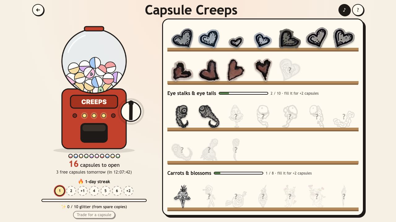 Capsule Creeps: the capsule machine on the left and a shelf of hearts, eye stalks and carrots on the right