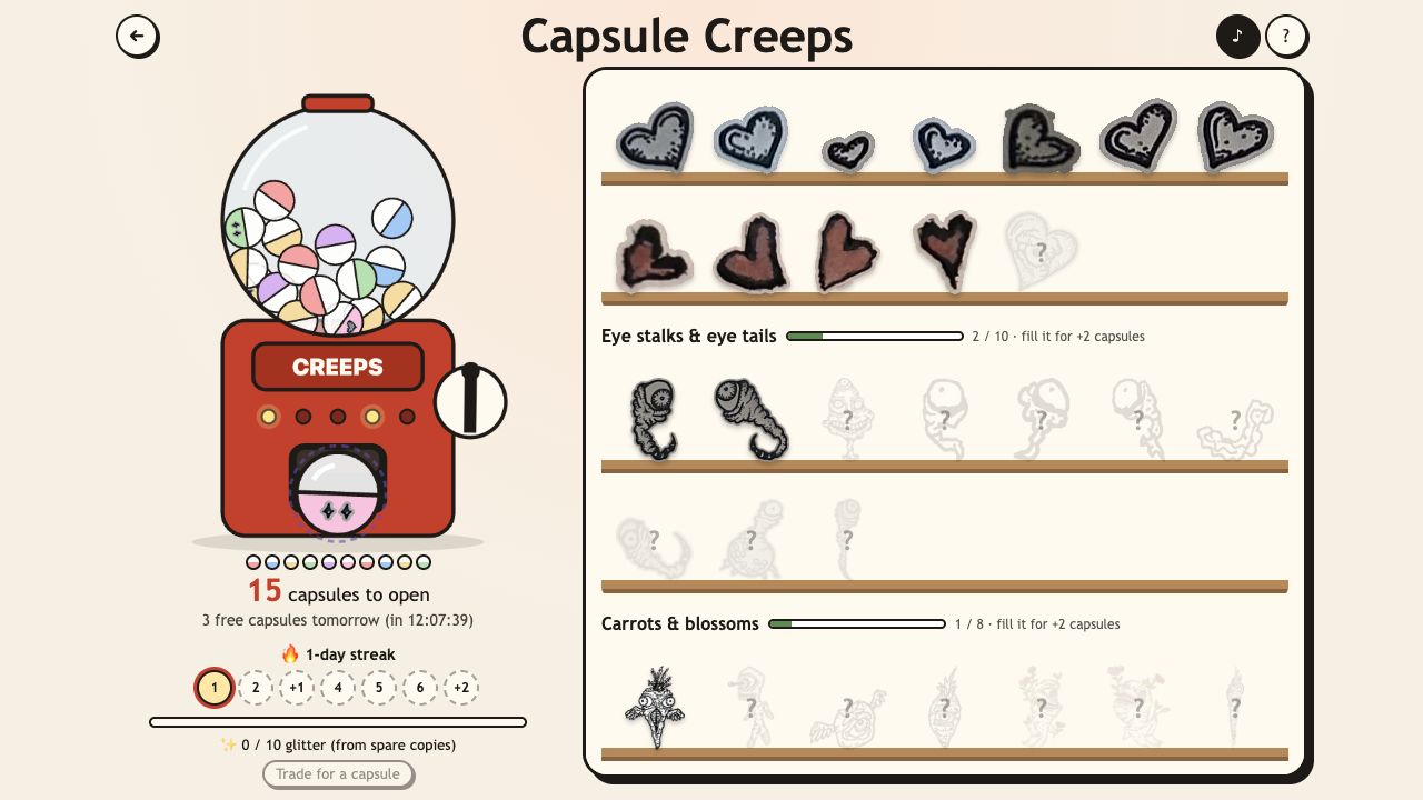 Capsule Creeps: a capsule sitting in the machine's chute after a turn of the crank