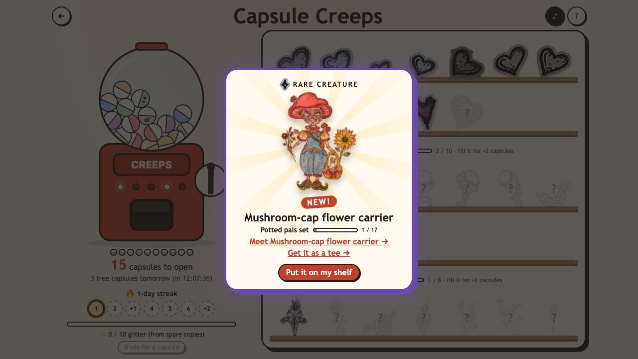 Capsule Creeps: a rare creature card for the Mushroom-cap flower carrier with links to meet it and see it as a tee