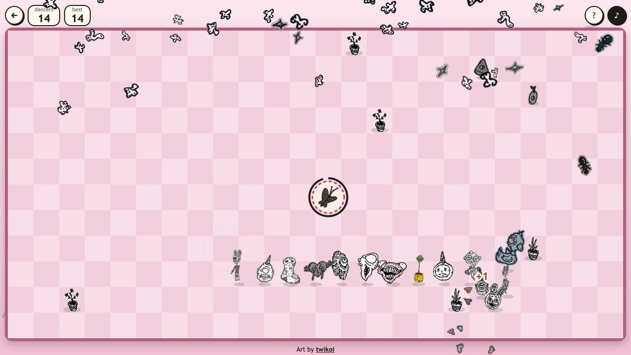 Conga Creeps: a short conga line of creatures heading for a snack on a pink checkered floor