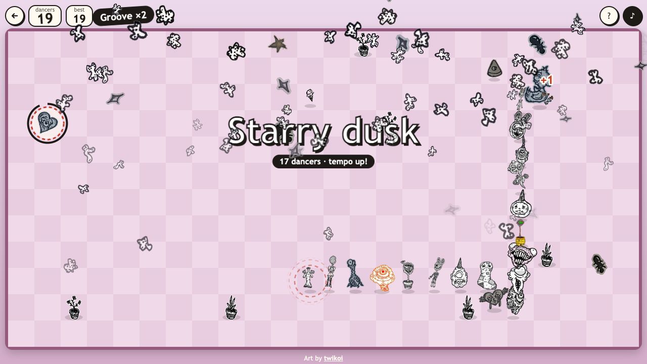 Conga Creeps: a banner reading Starry dusk, 17 dancers, tempo up