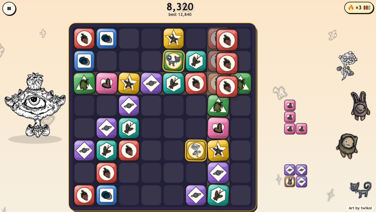 Creep Blocks: a piece held over the board, with the row and the column it will fill glowing