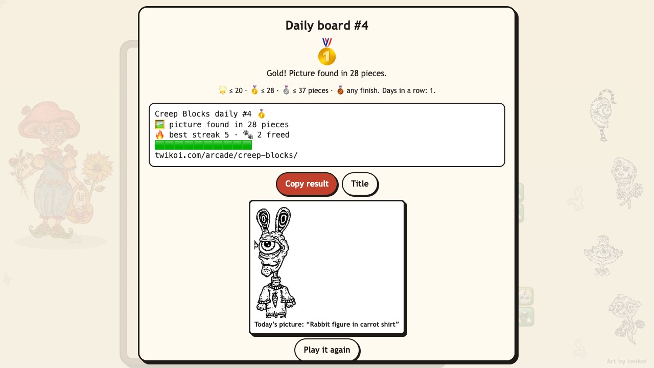 Creep Blocks: the daily board result with a medal, today's picture and a result to share