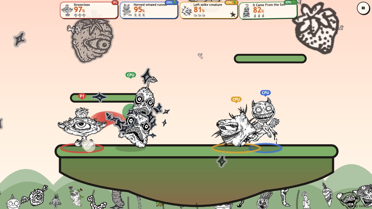 Creep Brawl: four of twikoi's creatures fighting on a floating island, damage cards along the top and her creatures cheering below