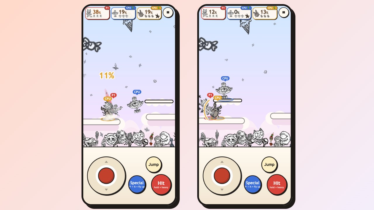Creep Brawl on a phone: the fight above, a big stick on the left and Hit, Special and Jump buttons on the right