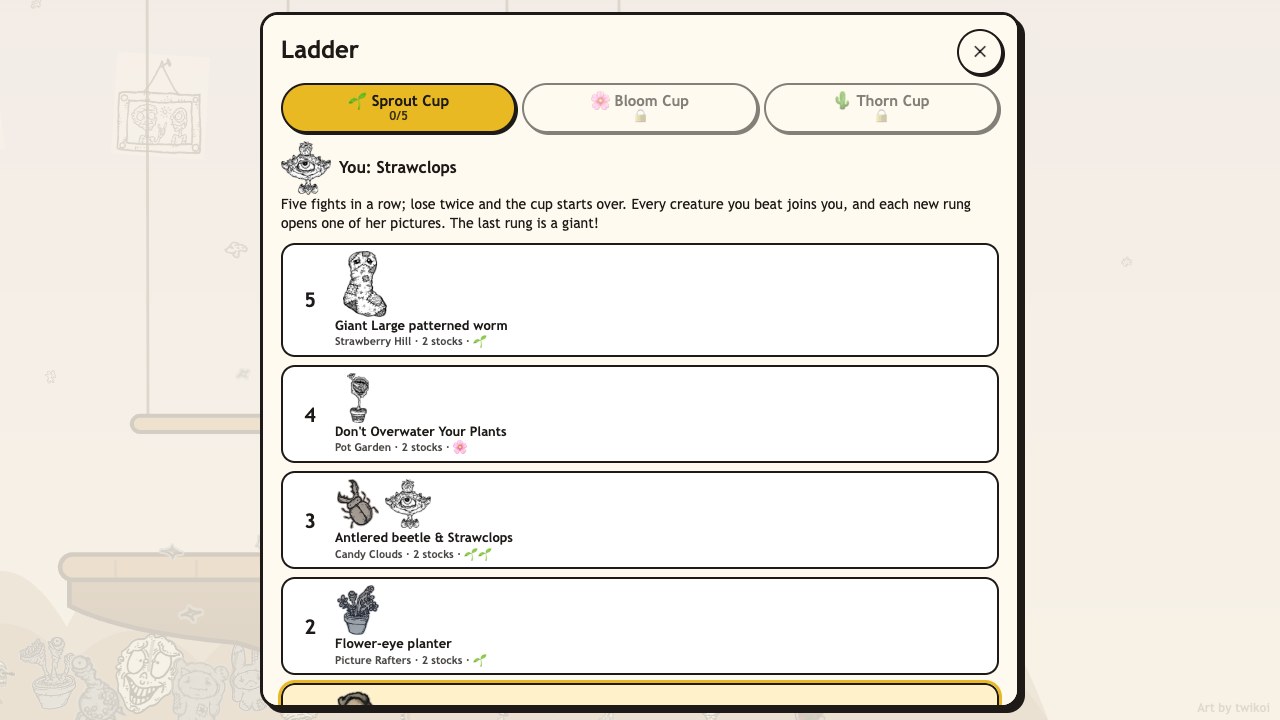 Creep Brawl: the ladder screen with five rungs of twikoi's creatures and a giant at the top