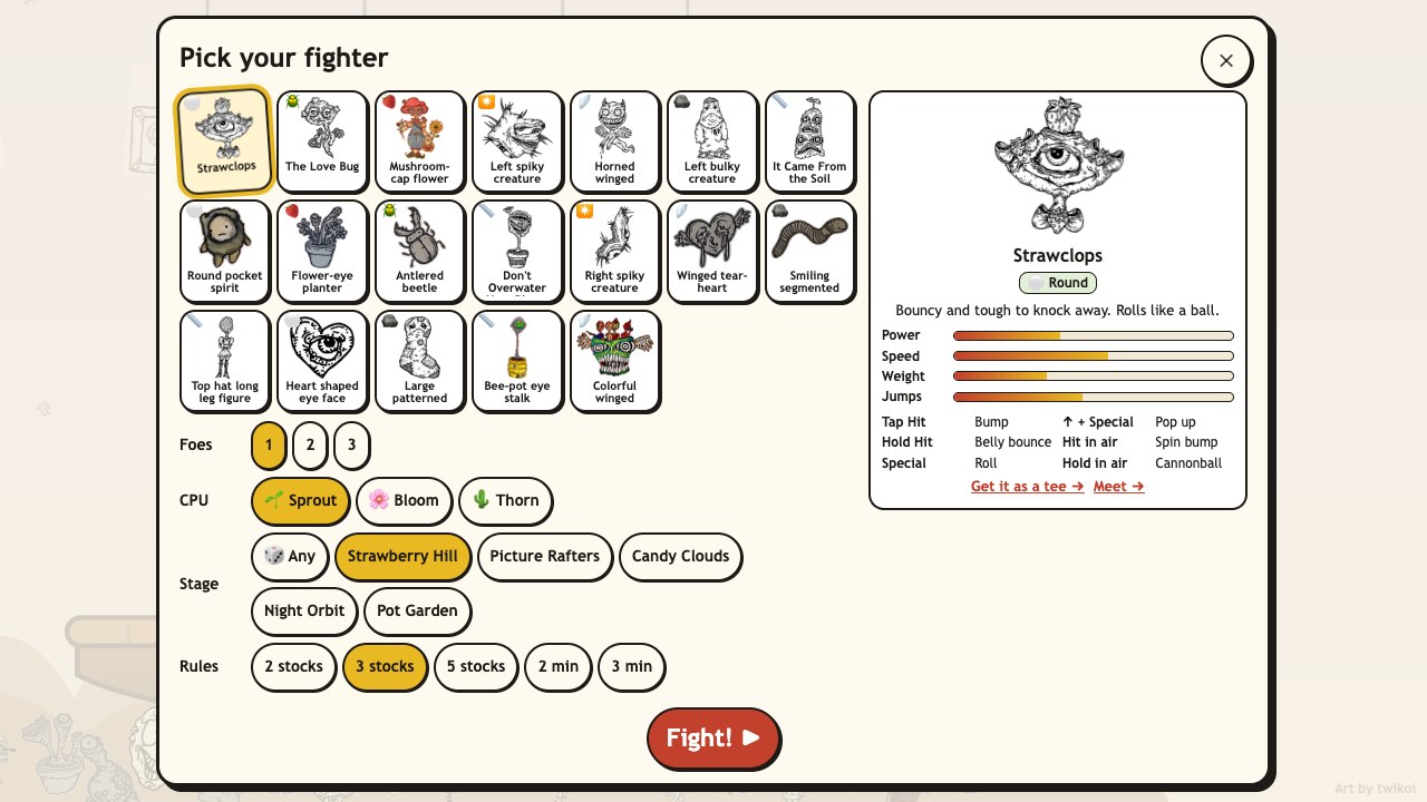 Creep Brawl: the fighter select screen with twikoi's creatures, stat bars and move names