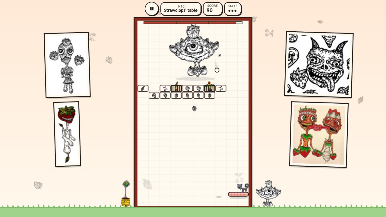 Creep Breaker: the ball hitting Strawclops, the boss of the Strawberry Patch, above a row of fruit tiles with two cages
