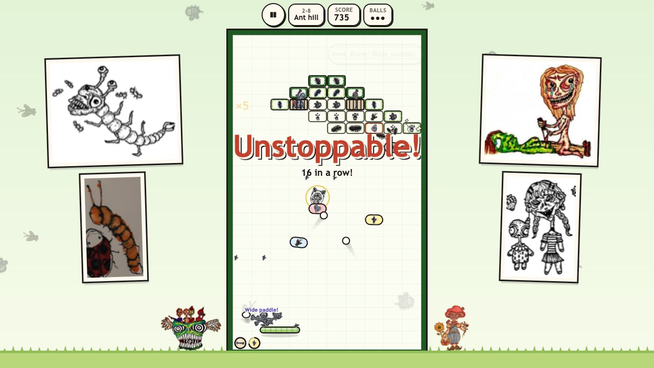 Creep Breaker: several balls and star shots in the Bug Meadow, with ant and bee tiles and a freed creature falling