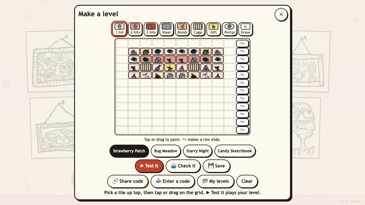Creep Breaker: the level maker with a grid of tiles, cages and bombs, and buttons to test, check and share