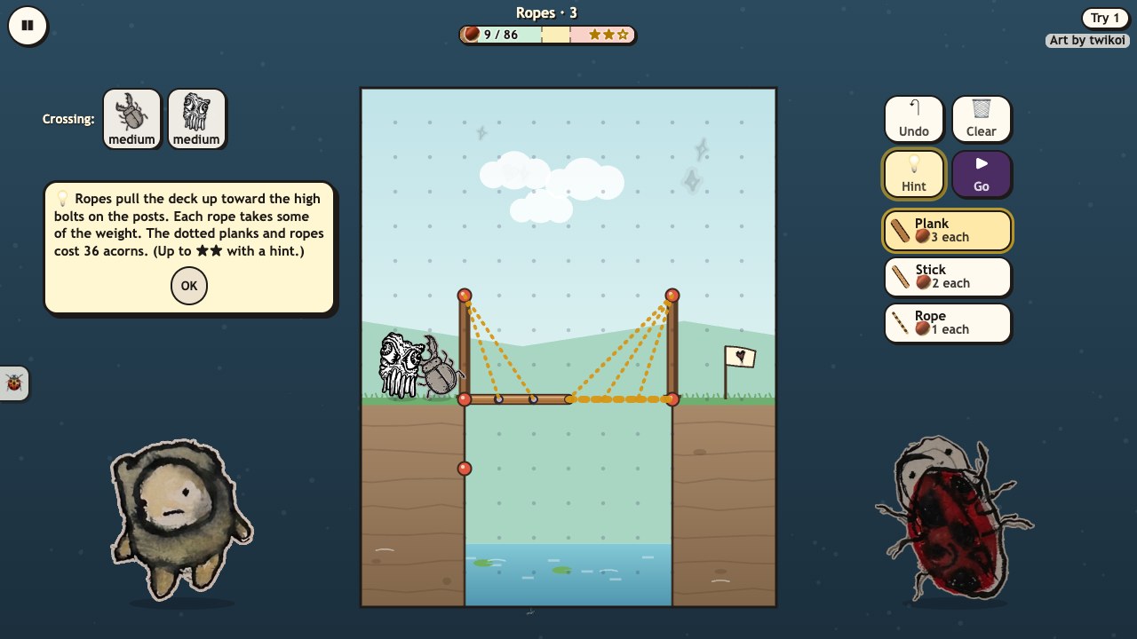 Creep Bridges: a hint box explains why the dotted bridge works, and dotted gold pieces show where to build