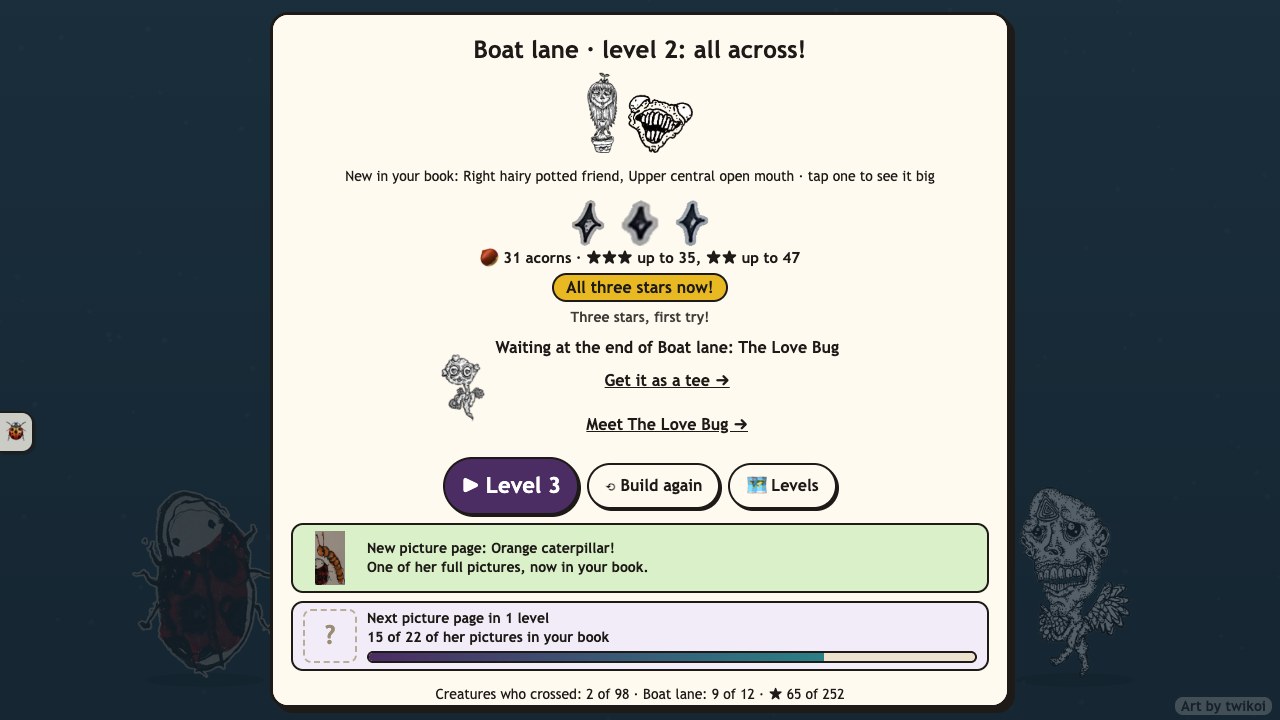 Creep Bridges: a level won, with three of her star drawings lit, the acorns spent and the creatures that crossed