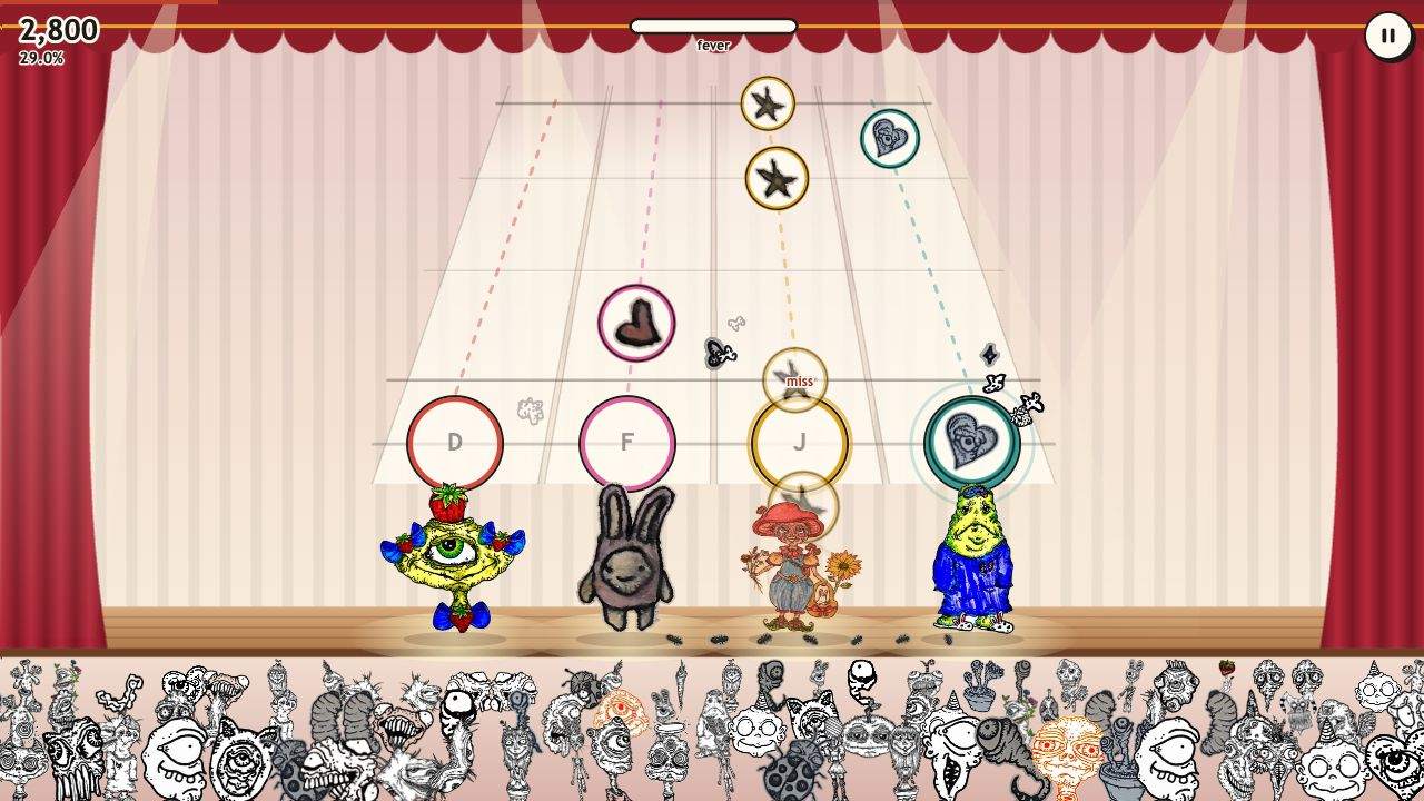 Creep Chorus: four creatures on stage with star and heart notes falling toward their rings