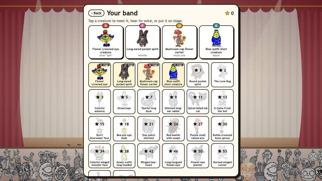 Creep Chorus: the Your band screen with four singers on stage and locked singers with star costs