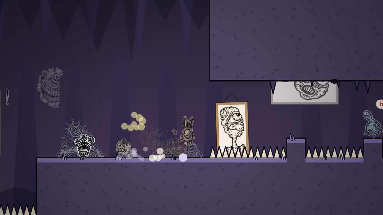 Creep Climb: a dark cave level with one of her illustrations hanging on the wall like a cave painting