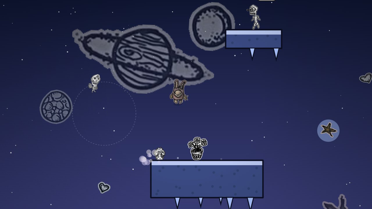 Creep Climb: a night sky level with floating platforms, a dash star and her planets drifting behind