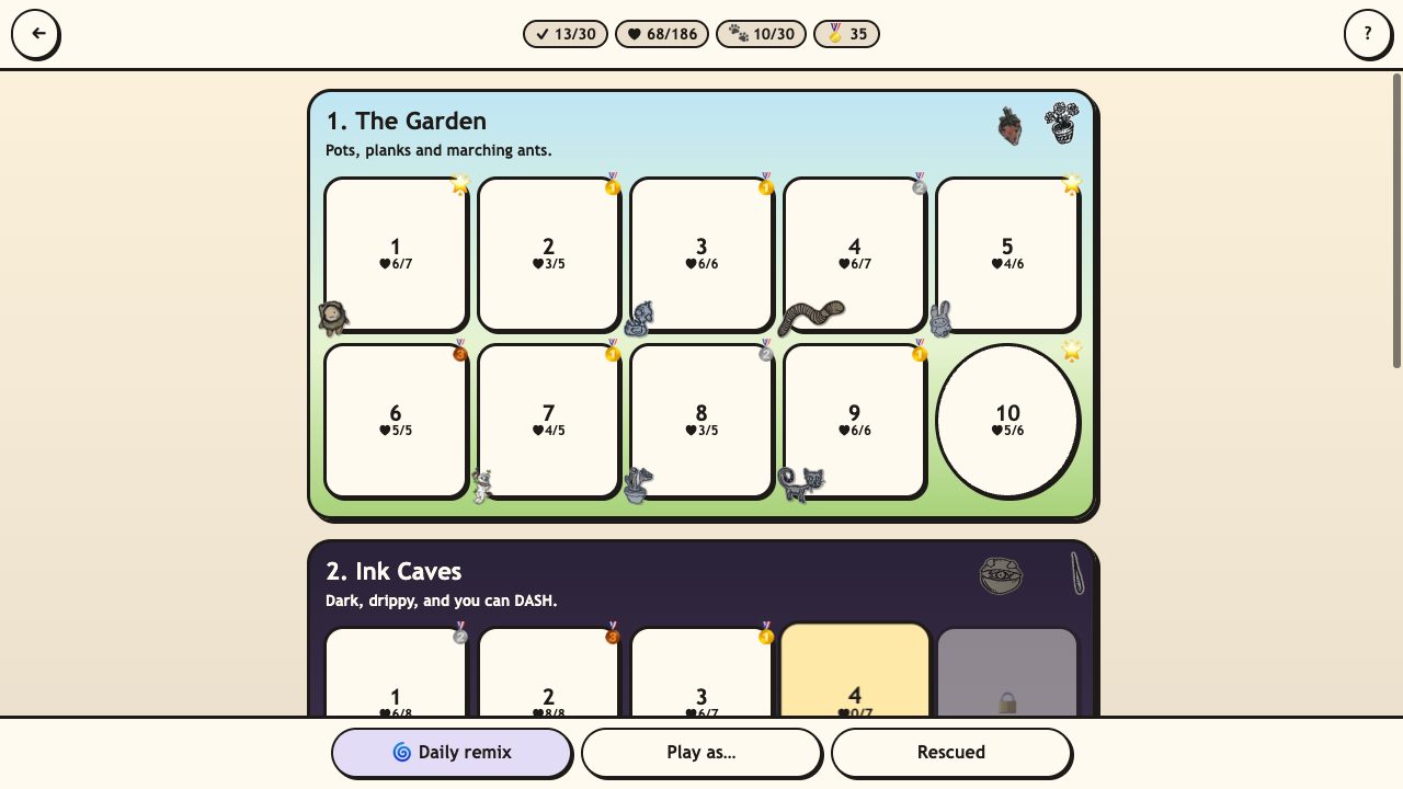 Creep Climb: the level map with three worlds of ten levels, medals and rescued creatures