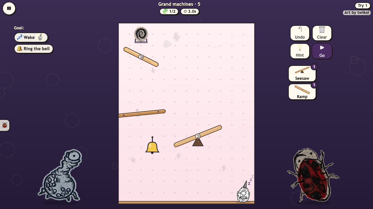Creep Contraption: a finger drags a ramp up from the tray; the ramp floats above the finger and snaps to the dots on the page