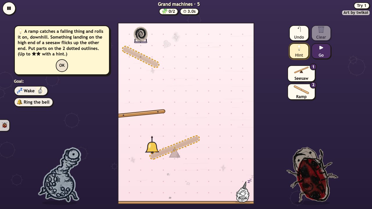 Creep Contraption: a hint box explains why a ramp and a spring work, with dotted gold outlines where the parts go