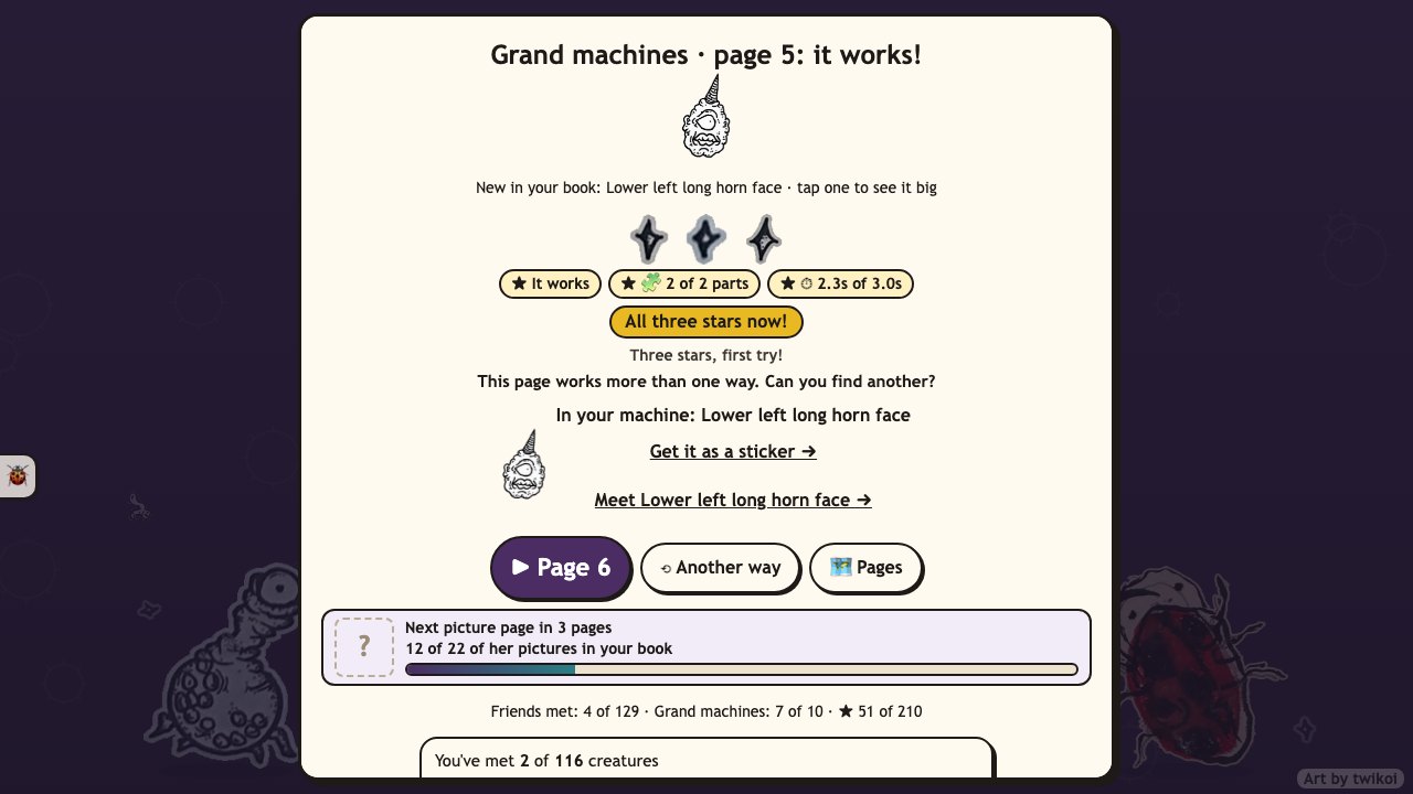 Creep Contraption: a page solved, with three of her star drawings lit, the parts and time stars, and the creatures met