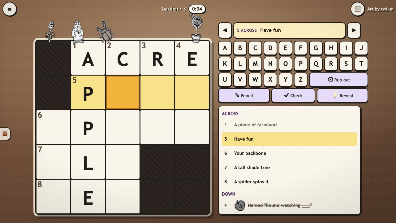 Creep Crossword: a 5 by 5 grid with a yellow strip for the word being filled, the clue bar under it and the big alphabet keyboard