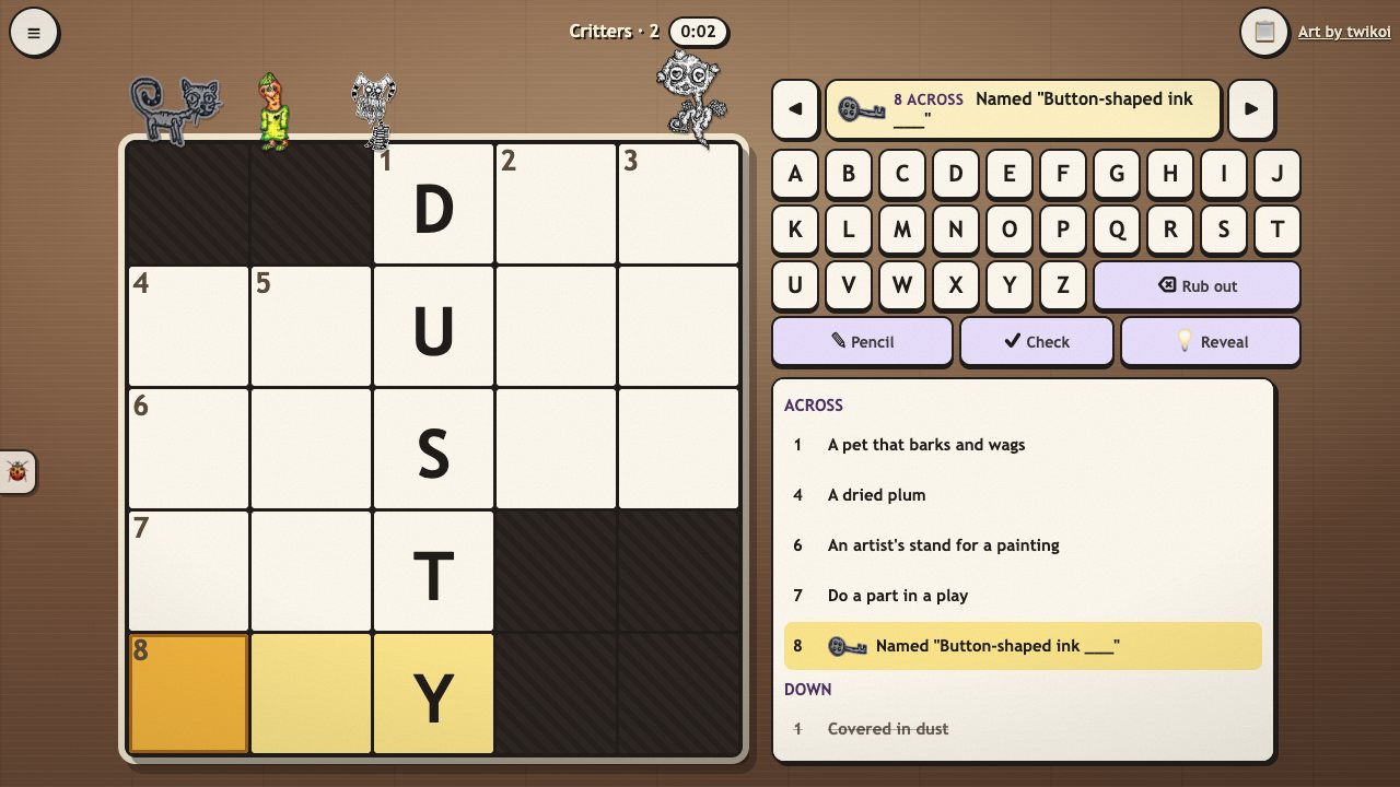 Creep Crossword: a clue bar that shows one of her drawings next to its clue