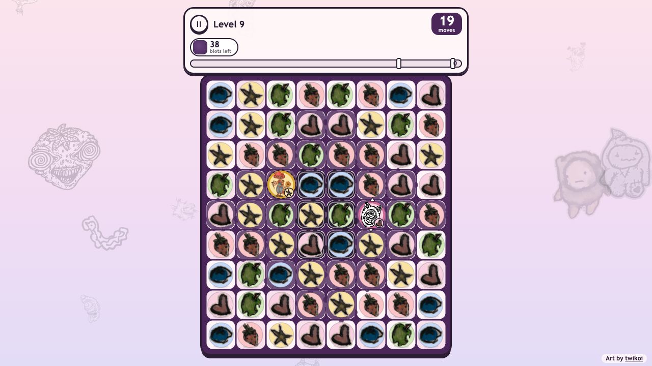 Creep Crush: level 9 board of fruit, hearts and stars with two summoned creatures and ink blots left to clear