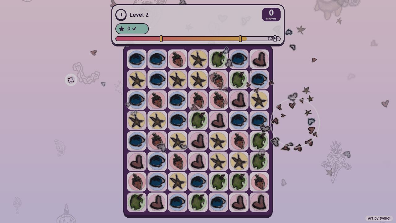 Creep Crush: the end of level 2 with hearts flying over the board