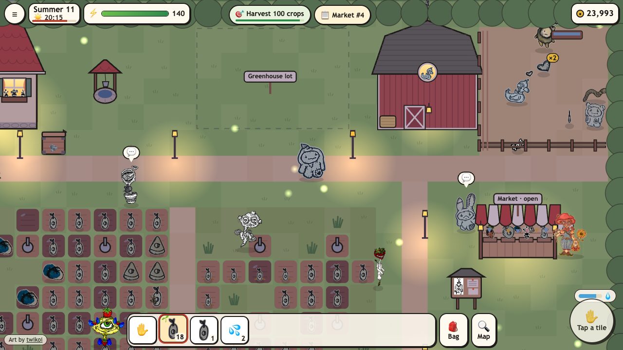 Creep Farm: the creep coop and pen at dusk, her creatures as barn friends, an ink drop and a dotted heart lying in the pen