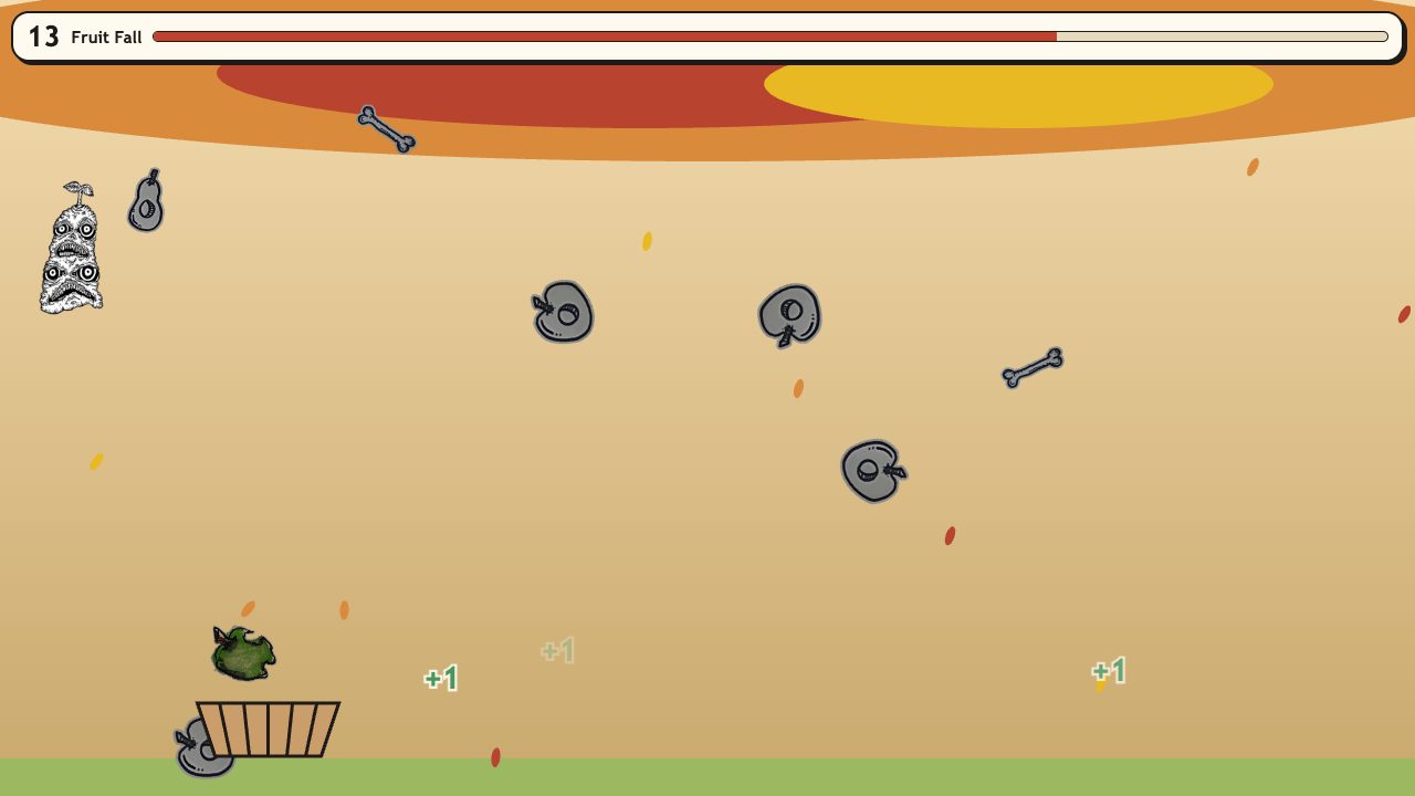 Creep Farm: Fruit Fall, the autumn festival, with her fruit drawings tumbling into a basket