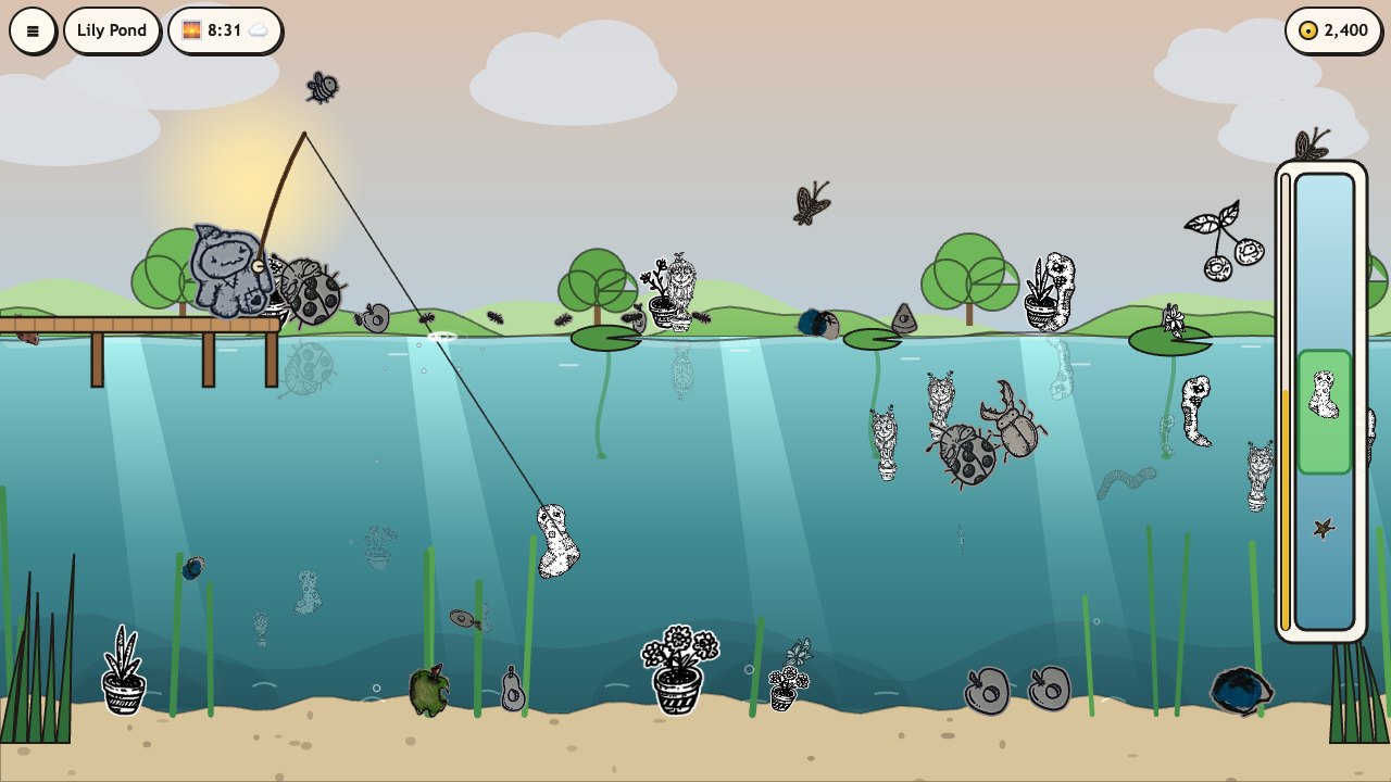 Creep Fishing: the reel bar on the right with a green zone and one of her creatures inside it, the rod bent and the line taut