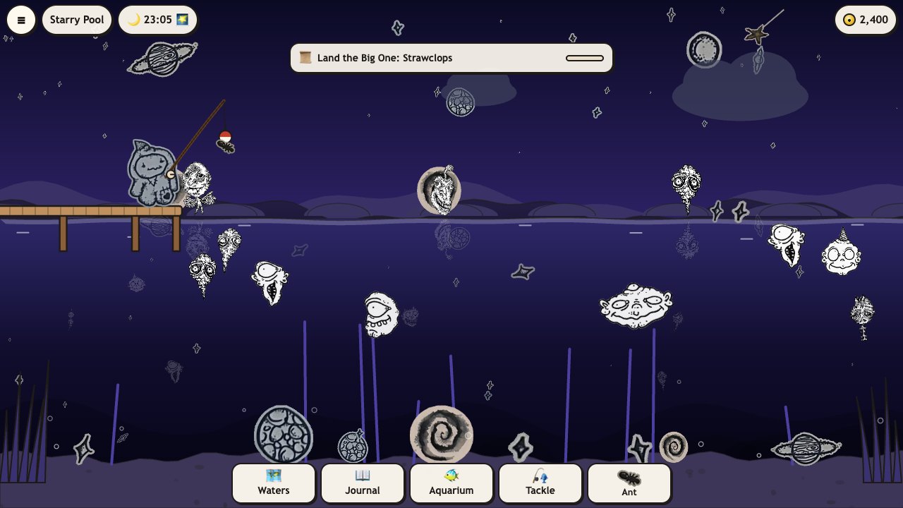 Creep Fishing: the Starry Pool at night, her planets in the sky and reflected in the water, her winged heads and horned faces swimming