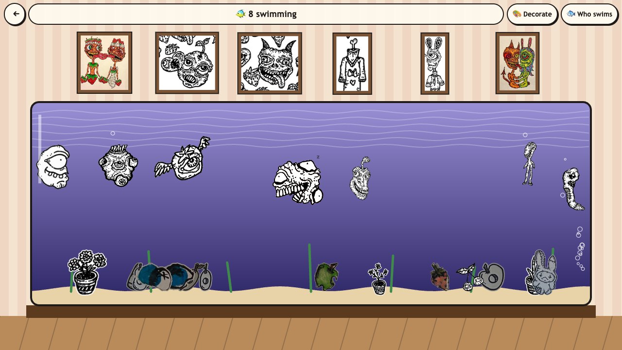 Creep Fishing: the aquarium room with her pictures framed on the wall and her caught creatures swimming in a big tank