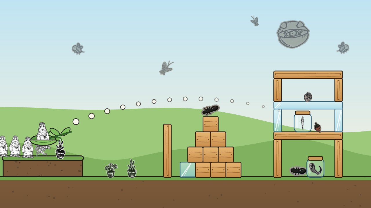 Creep Fling: aiming at a wooden pyramid and a glass tower, the dots showing where the flinger starts to fly