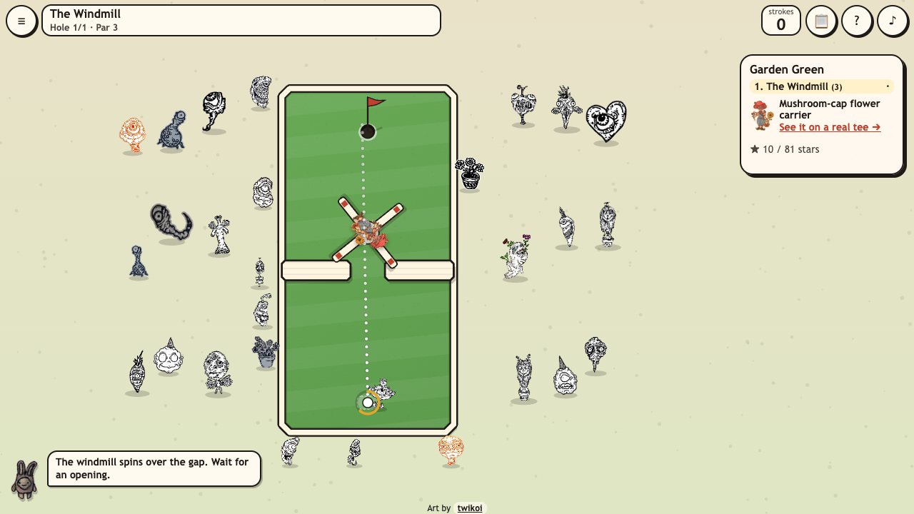 Creep Golf: aiming on The Windmill hole, a dotted line runs up to the windmill gap