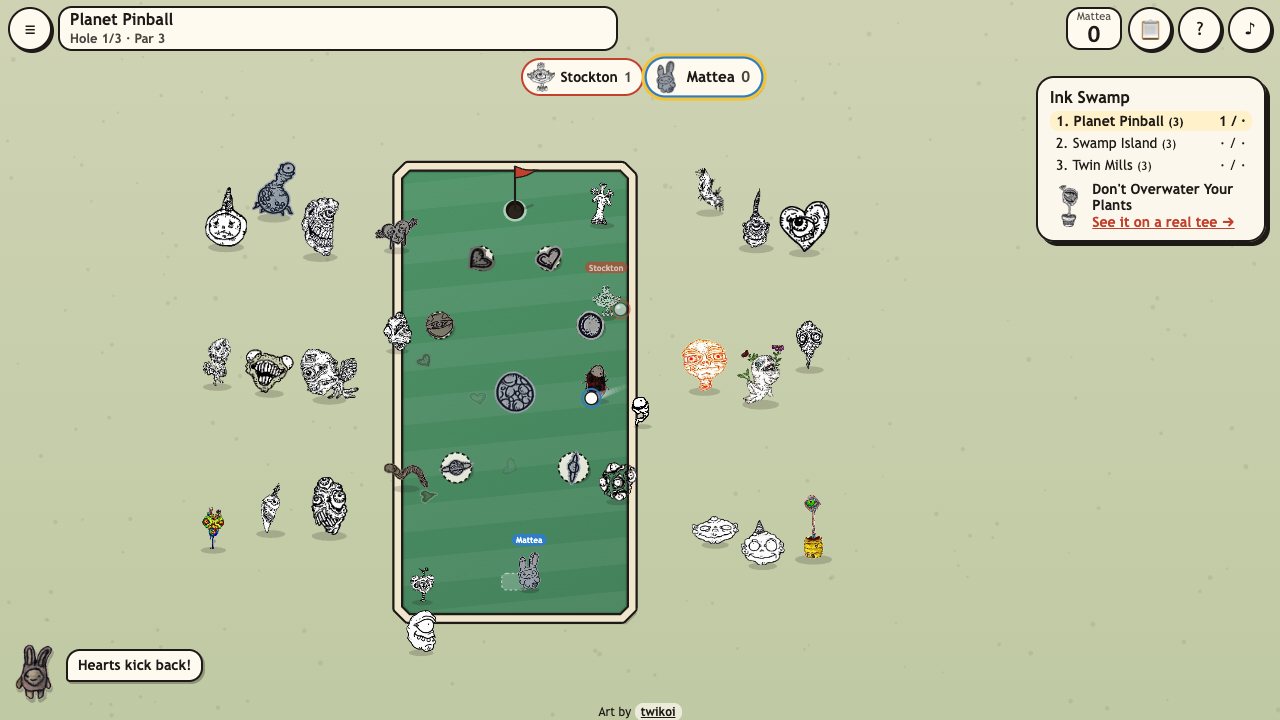 Creep Golf: two players on Planet Pinball, a ball bouncing between planet bumpers