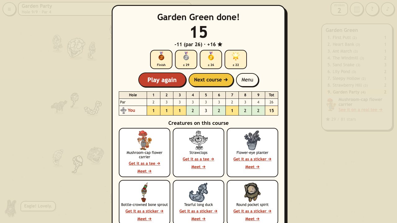 Creep Golf: the end of a round with the scorecard, medals and the creatures on the course