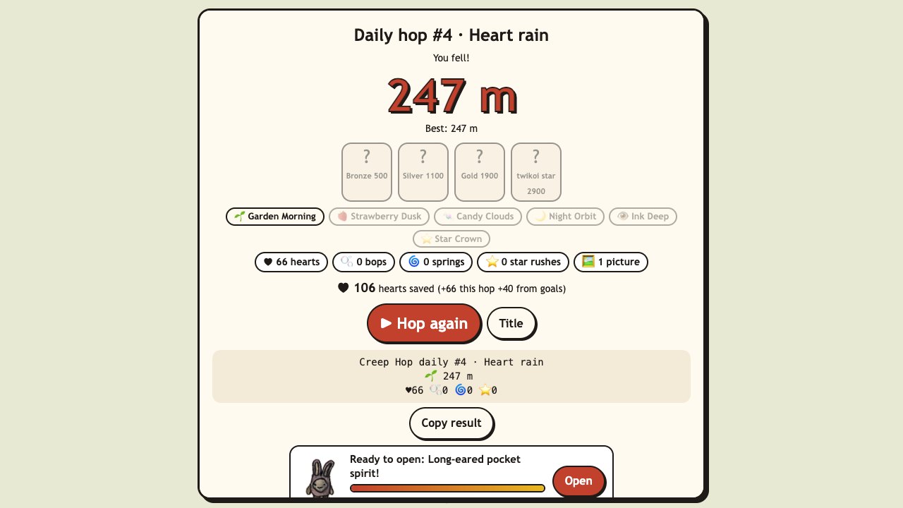 Creep Hop: the daily hop result with medals, the skies reached and a result to share