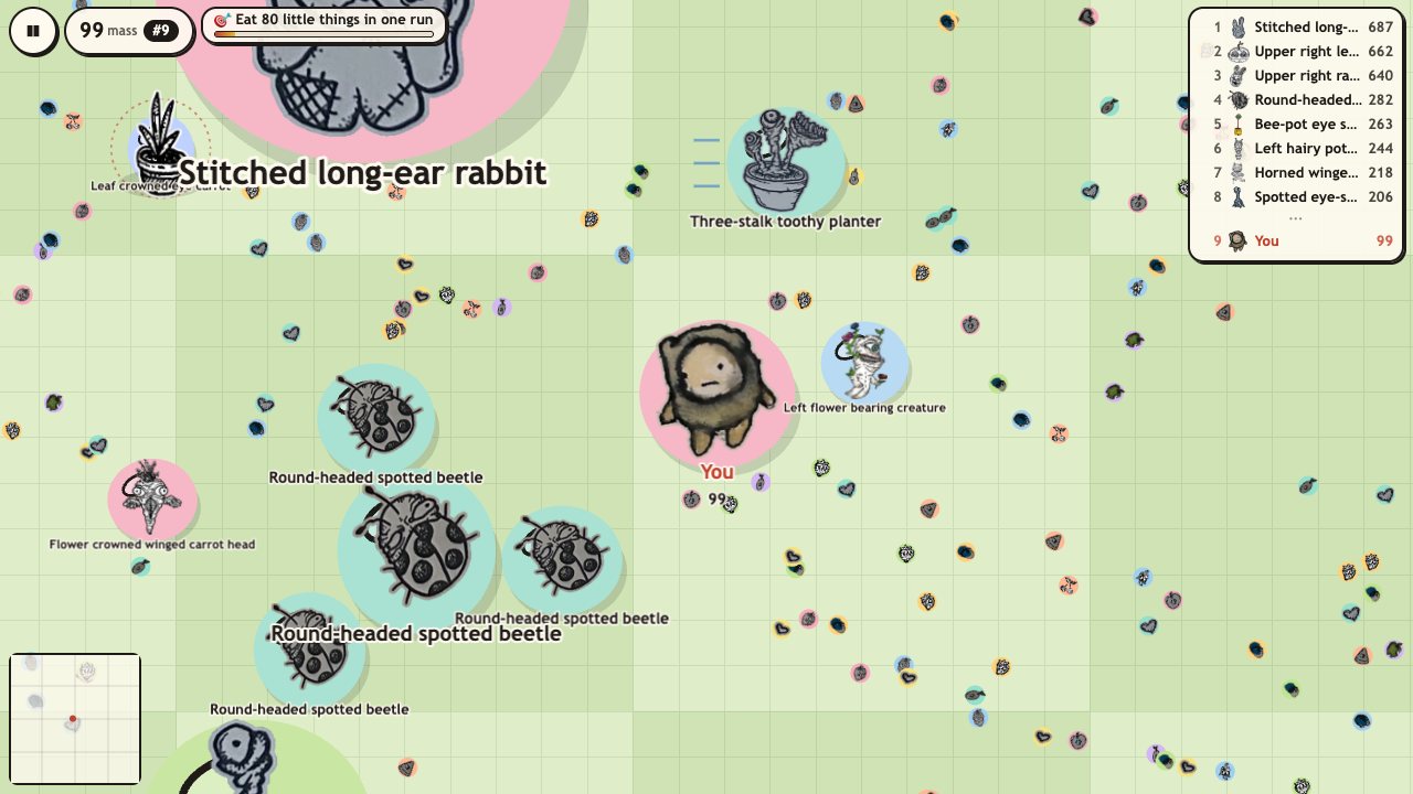 Creep.io: the Garden arena, your round pocket spirit chasing smaller creatures while beetles and a stitched long-ear rabbit swim around