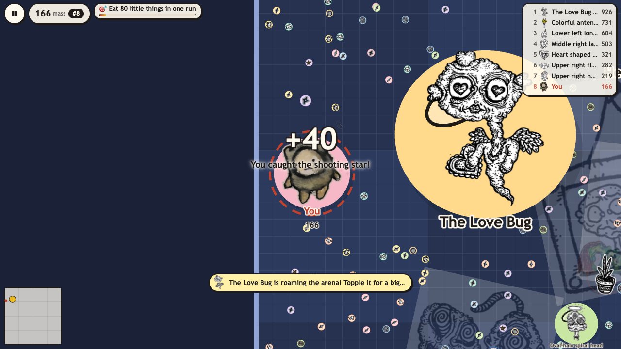 Creep.io: the Night Sky arena, your creature catching a shooting star for +40 next to The Love Bug, the legend of the arena