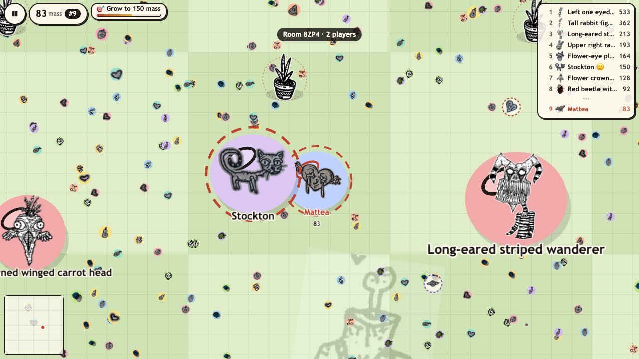 Creep.io: two friends online in the same Garden arena, a spiral-tailed ink cat named Stockton next to a winged tear-heart named Mattea