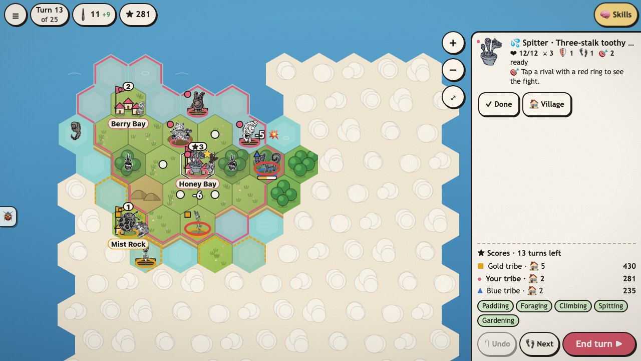 Creep Isles: a game in progress, hex islands with villages in pink and blue, her creatures on the tiles, fruit on the meadows and clouds over the unexplored sea