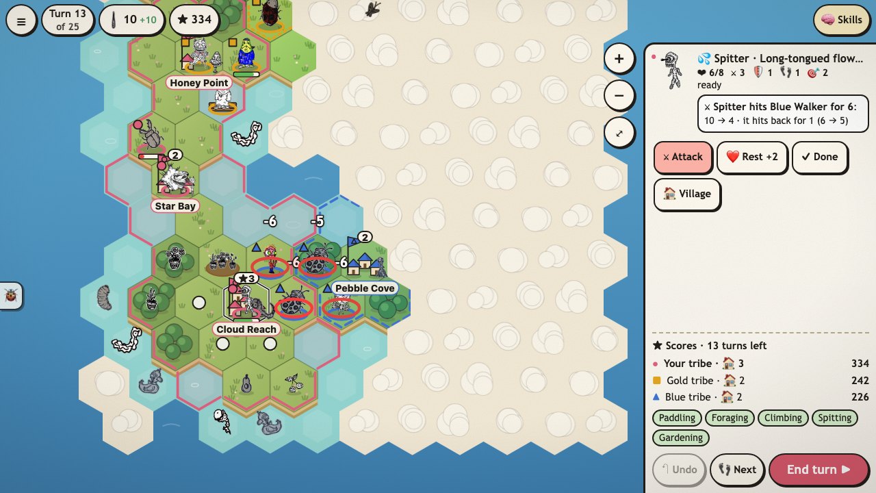 Creep Isles: a creature selected, white dots where it can move, a red ring round a rival and a card showing the damage both sides would take