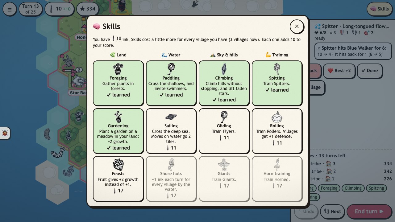 Creep Isles: the skills screen with four branches (land, water, sky and hills, training), each skill shown with one of her drawings